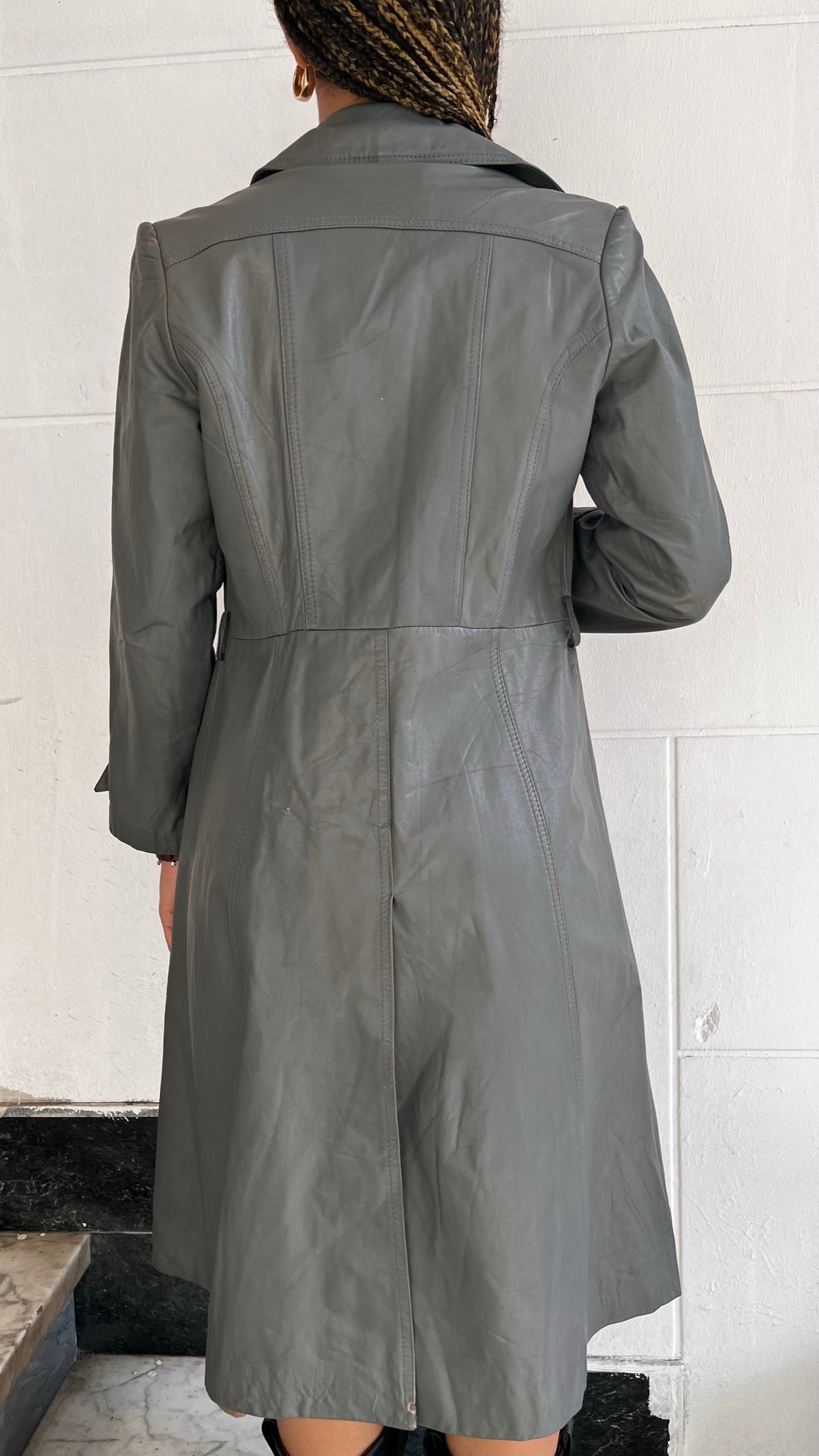 Vintage 1970s Leather Coat Trench in Grey Bohemian