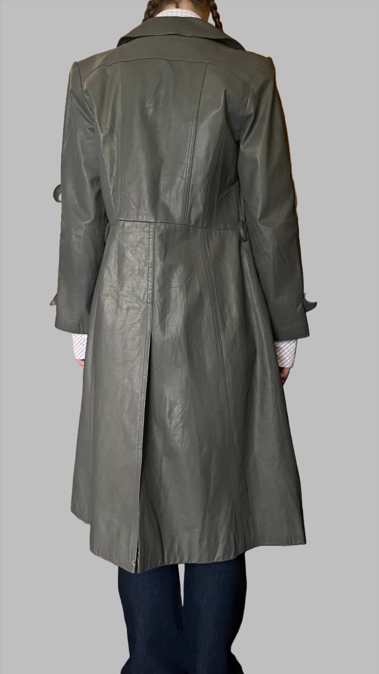 Vintage 1970s Leather Coat Trench in Grey Bohemian
