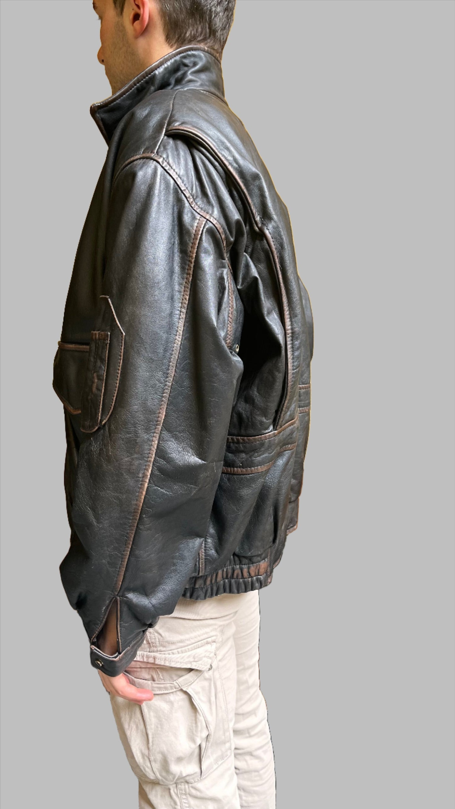 Vintage 90s Genuine Leather Aviator Jacket in Black