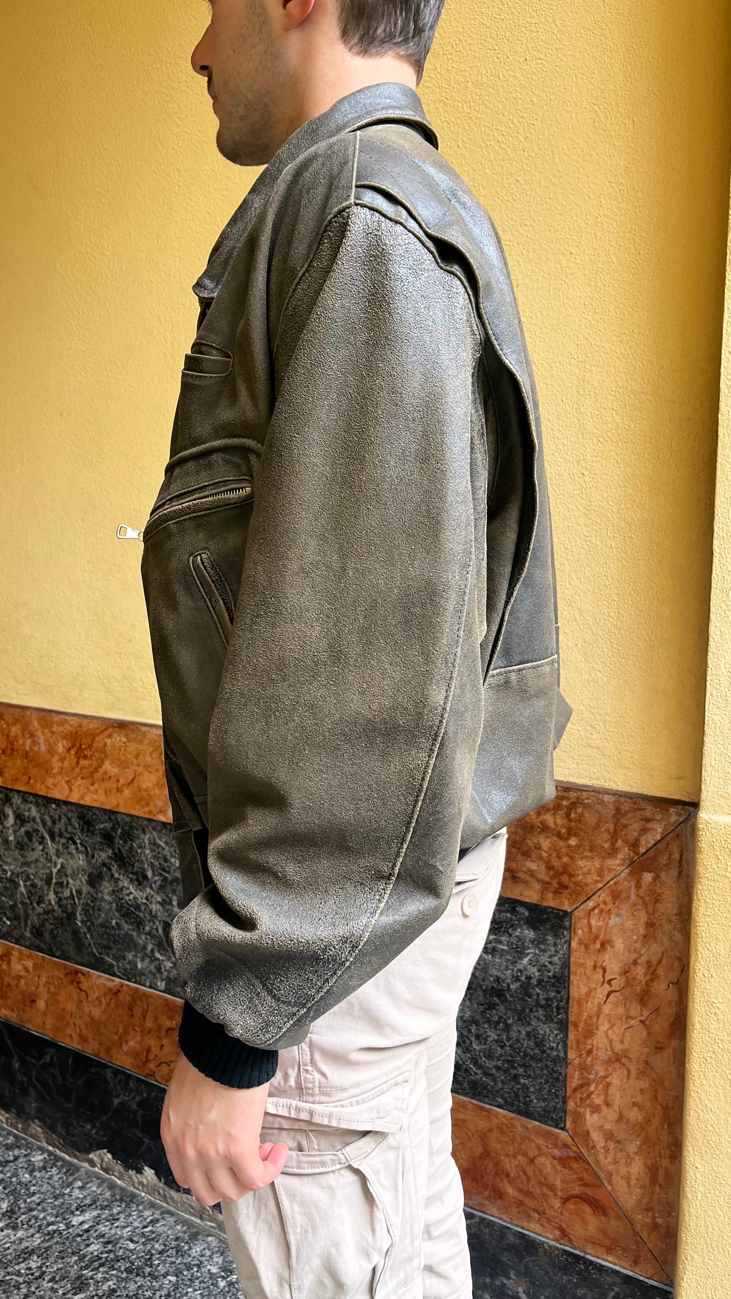 Vintage 90s Leather Moto Jacket in Kaki