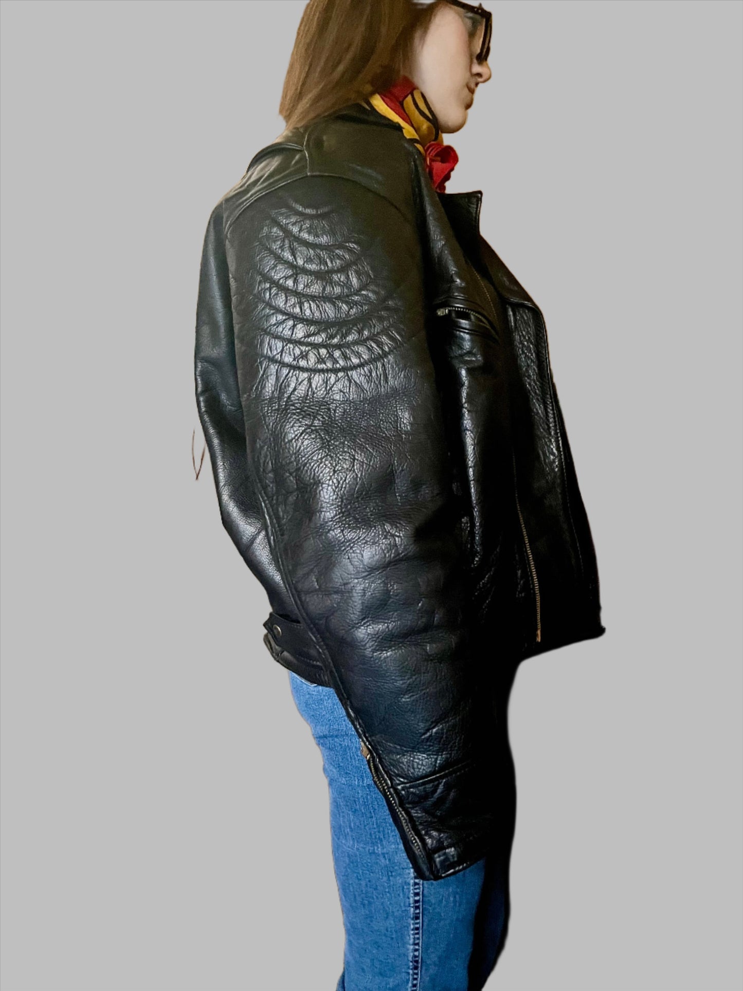 Vintage 90s Oversized Biker Leather Jacket in Black