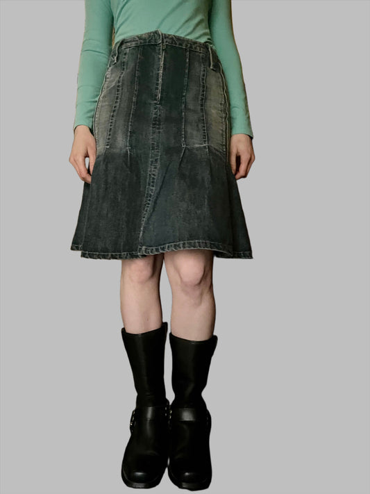 Vintage Y2K Midi Denim Pleated Skirt Low Raise
